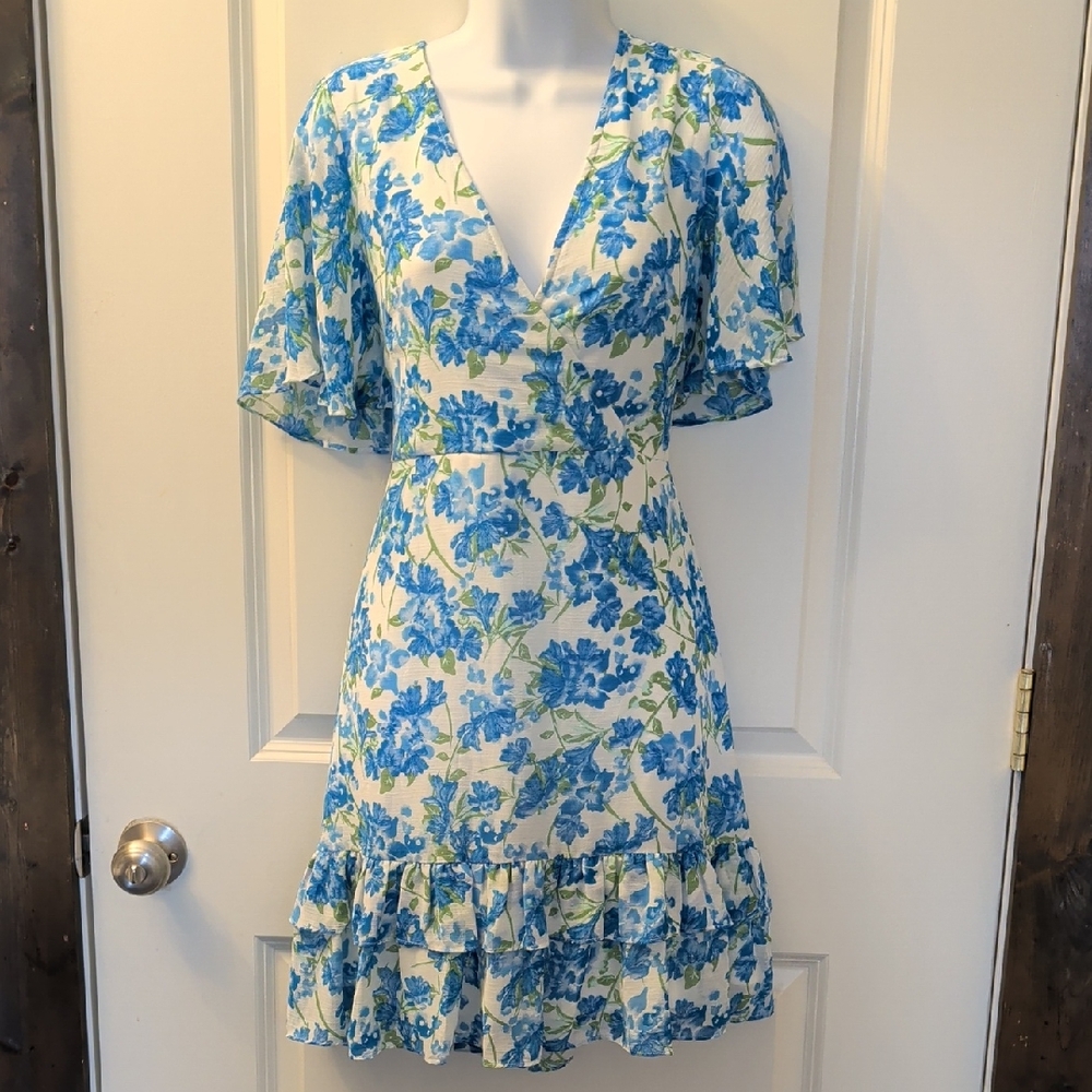 Lulu's White and Blue Floral V-Neck Ruffle Mini Dress